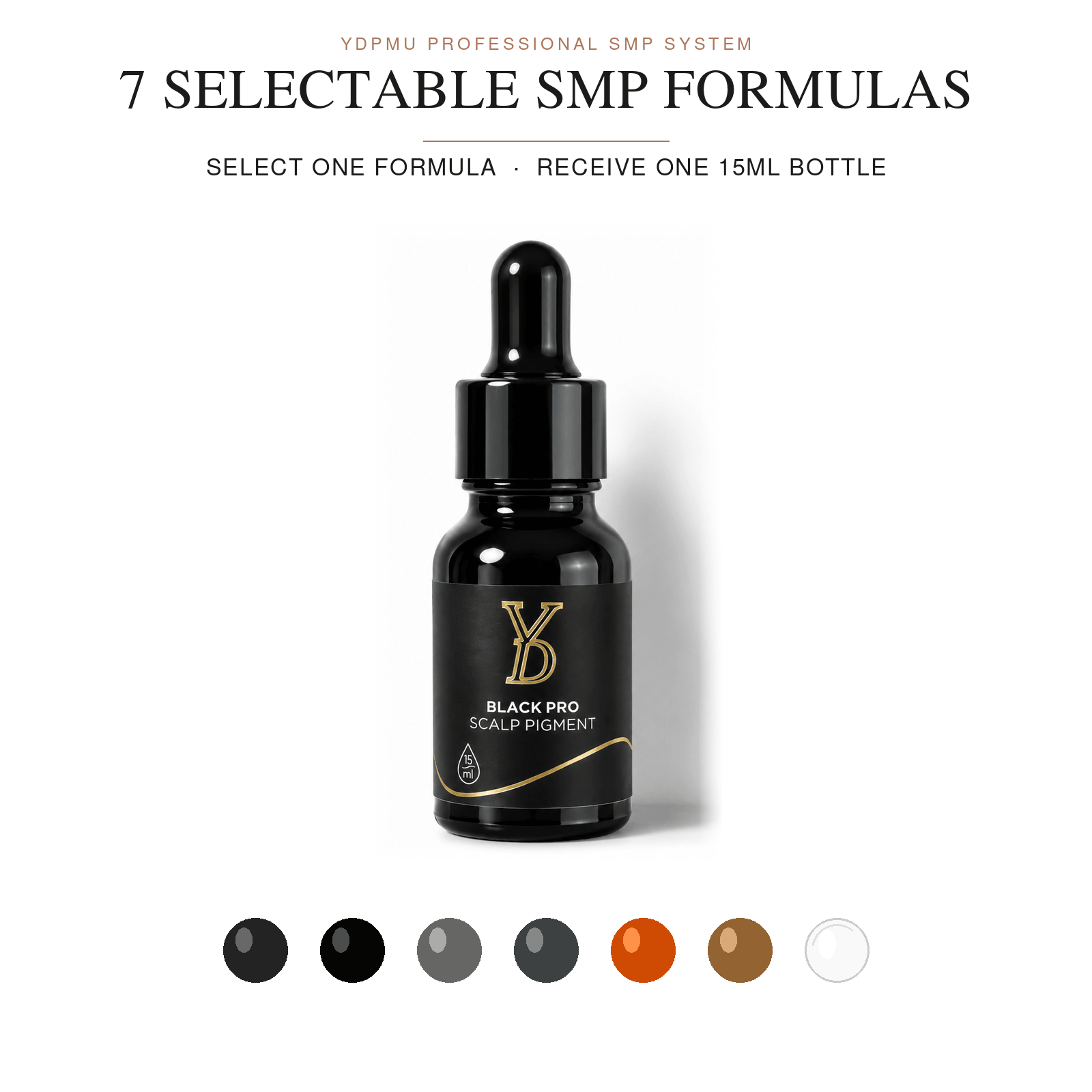 Seven selectable YDPMU professional SMP pigment formulas displayed on premium ivory stone plinths.