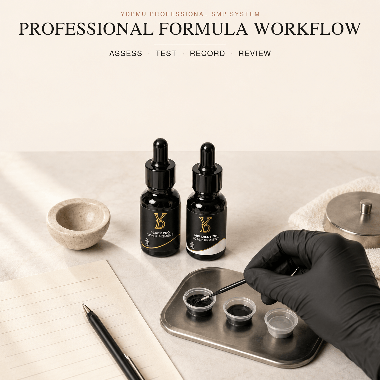 Professional SMP workflow using YDPMU pigments, mixing cups, palette and formula record sheet.