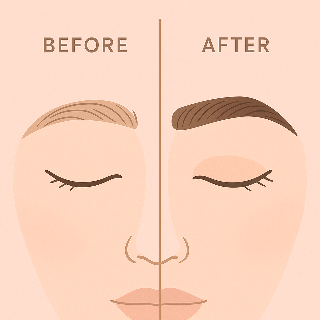 Comparison showing why eyebrow tattoo color looks different immediately after the procedure versus the healed result