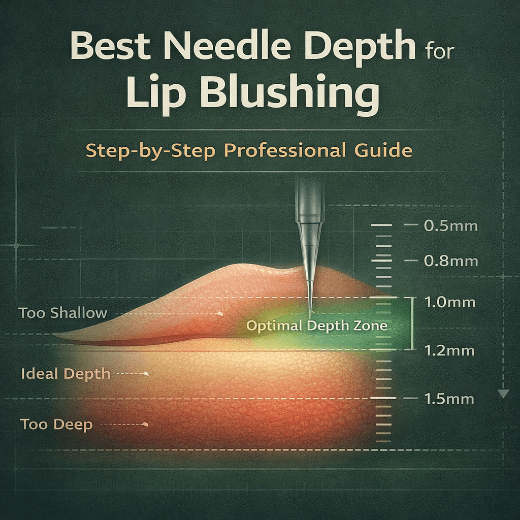 Diagram showing optimal needle depth for lip blushing with depth scale and safe and unsafe implantation zones