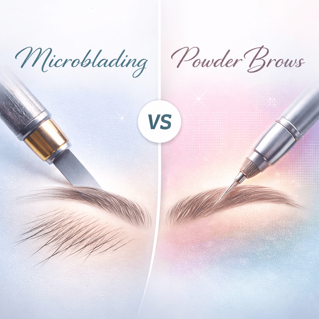 Infographic comparing microblading and powder brows techniques showing differences in application, results, and ideal skin types