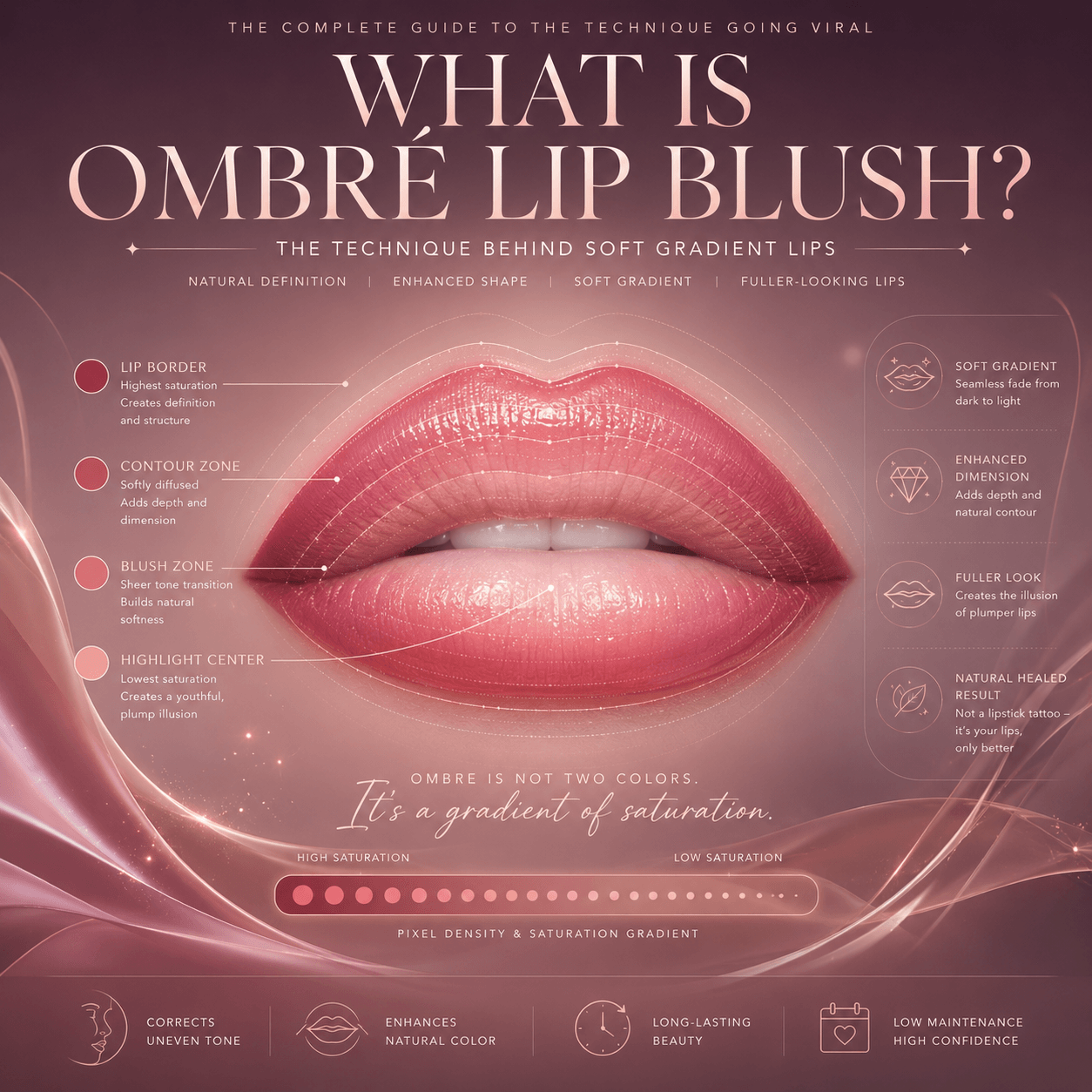 Luxury editorial illustration showing the layered gradient architecture of ombré lip blush, explaining how saturation transitions create fuller, naturally enhanced lips.