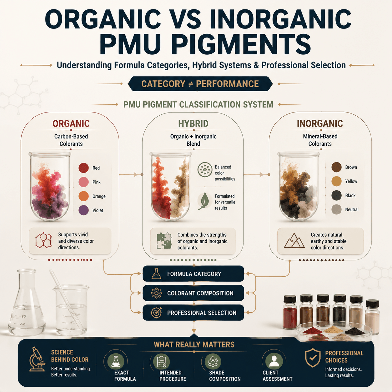 Professional infographic explaining organic, inorganic and hybrid permanent makeup pigment categories and how formula classification affects pigment selection.