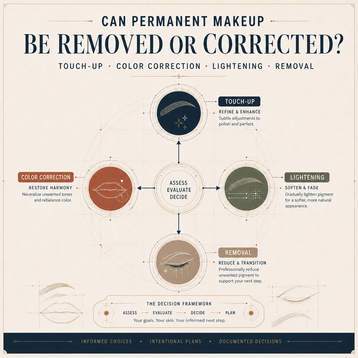 Editorial guide comparing PMU touch-up, color correction, lightening and professional removal