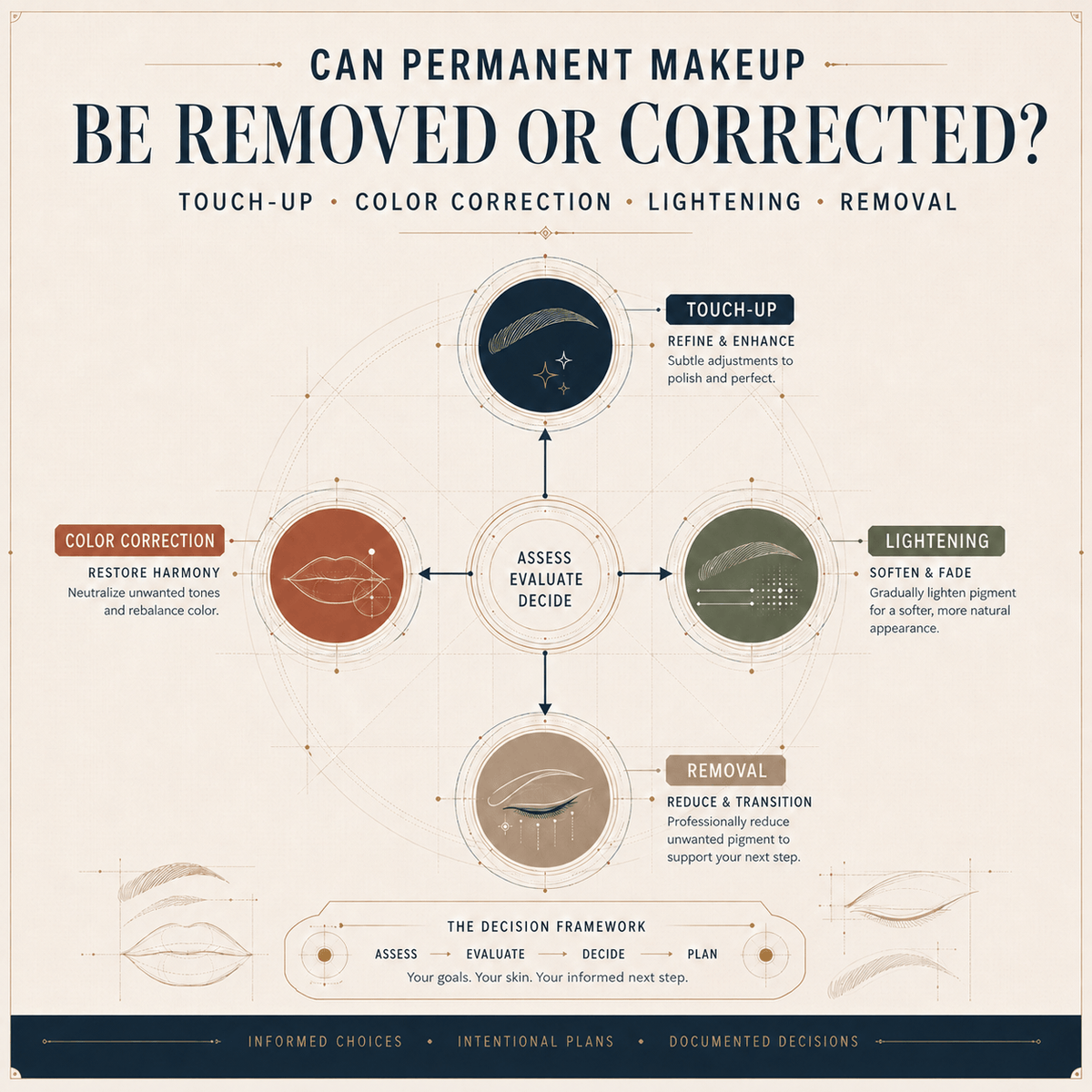 Editorial guide comparing PMU touch-up, color correction, lightening and professional removal