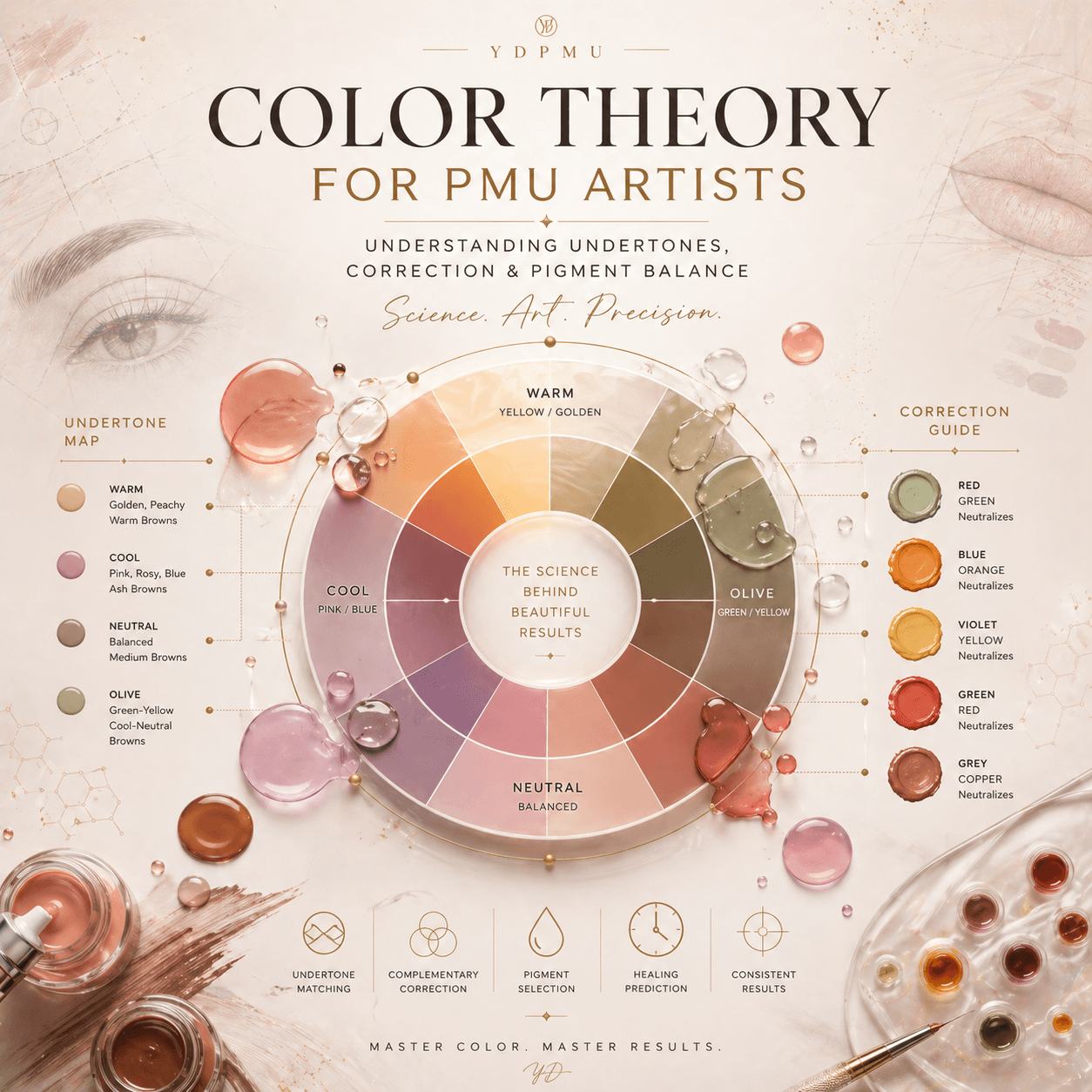 Luxury PMU color theory cover design featuring a modern neutral color wheel, pigment drops, and undertone mapping for permanent makeup artists.