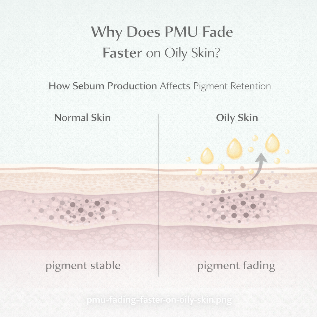 Diagram illustrating how permanent makeup pigment retention varies between dry, normal, and oily skin types