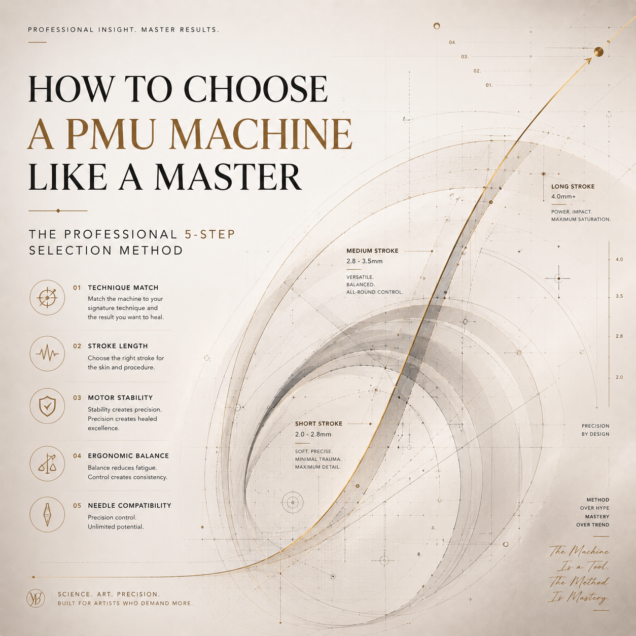 Abstract luxury PMU machine selection cover featuring precision blueprint lines, stroke movement arcs, and technical design elements representing professional machine mastery.