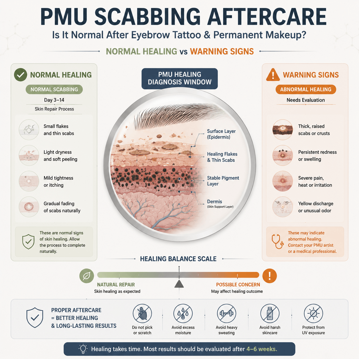 Medical infographic explaining normal and abnormal PMU scabbing after eyebrow tattoo and permanent makeup healing with skin repair stages.