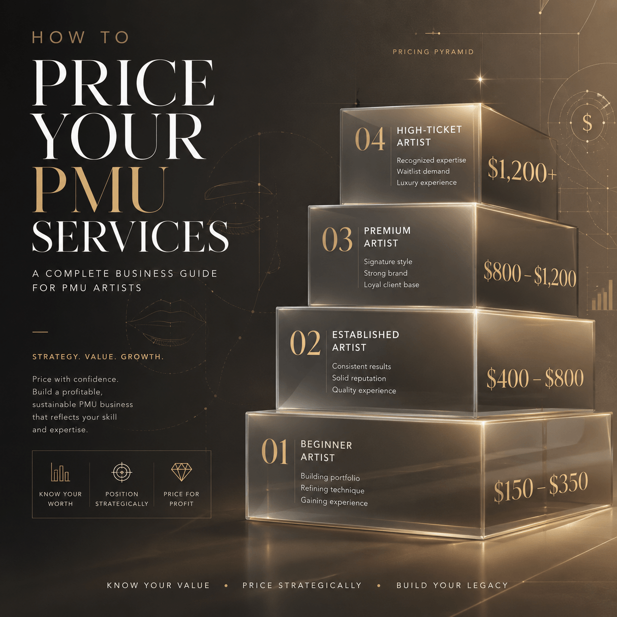 Luxury editorial style cover design illustrating PMU service pricing strategy and artist business growth levels.