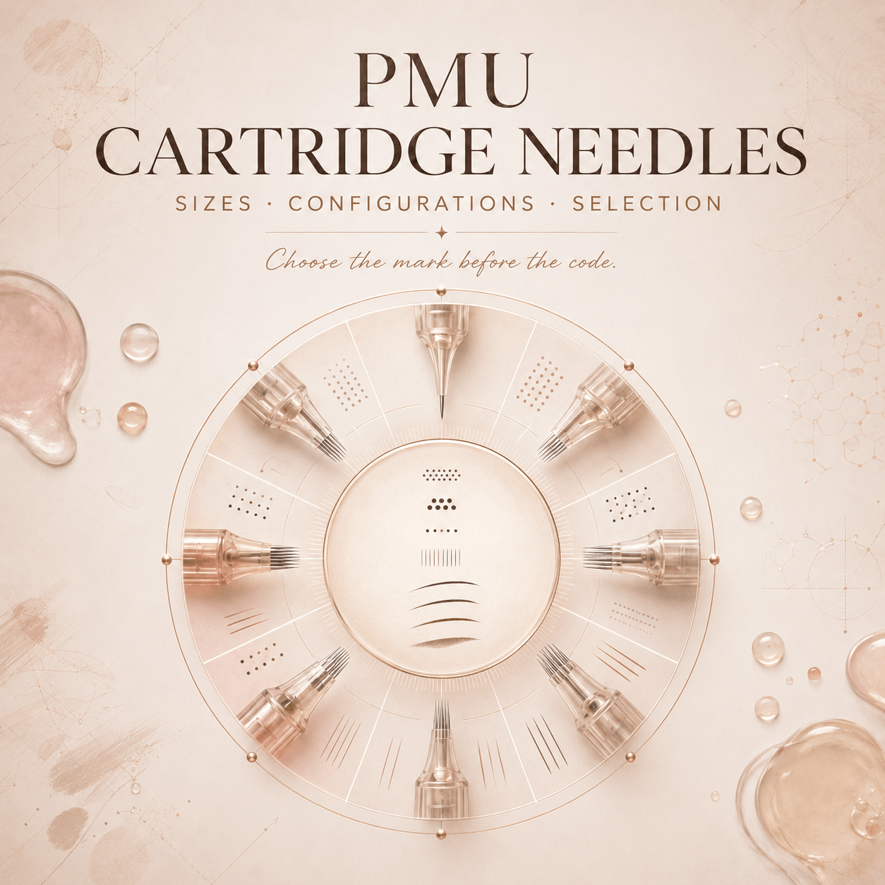 Elegant PMU cartridge needle guide cover showing multiple needle configurations in a warm ivory and champagne gold editorial design