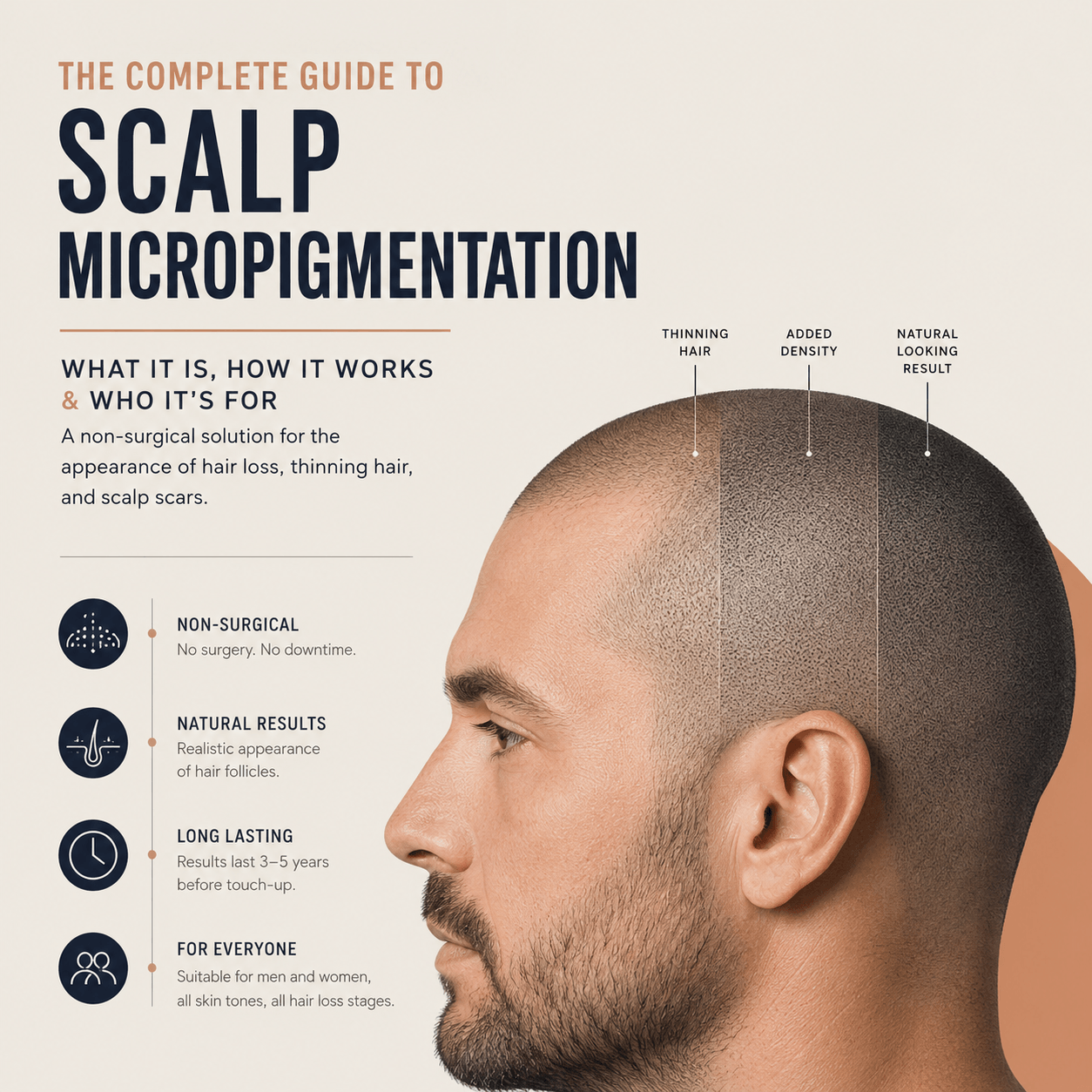 Modern scalp micropigmentation guide cover featuring a realistic shaved scalp effect, follicle density simulation, and professional SMP treatment visualization for hair loss solutions.