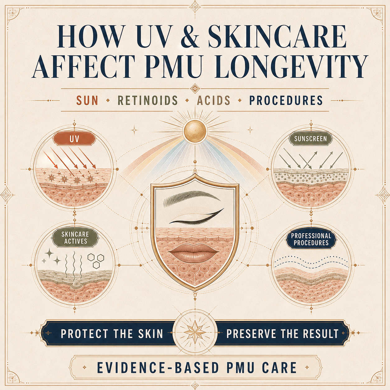 Educational guide showing how UV exposure and skincare affect permanent makeup pigment longevity