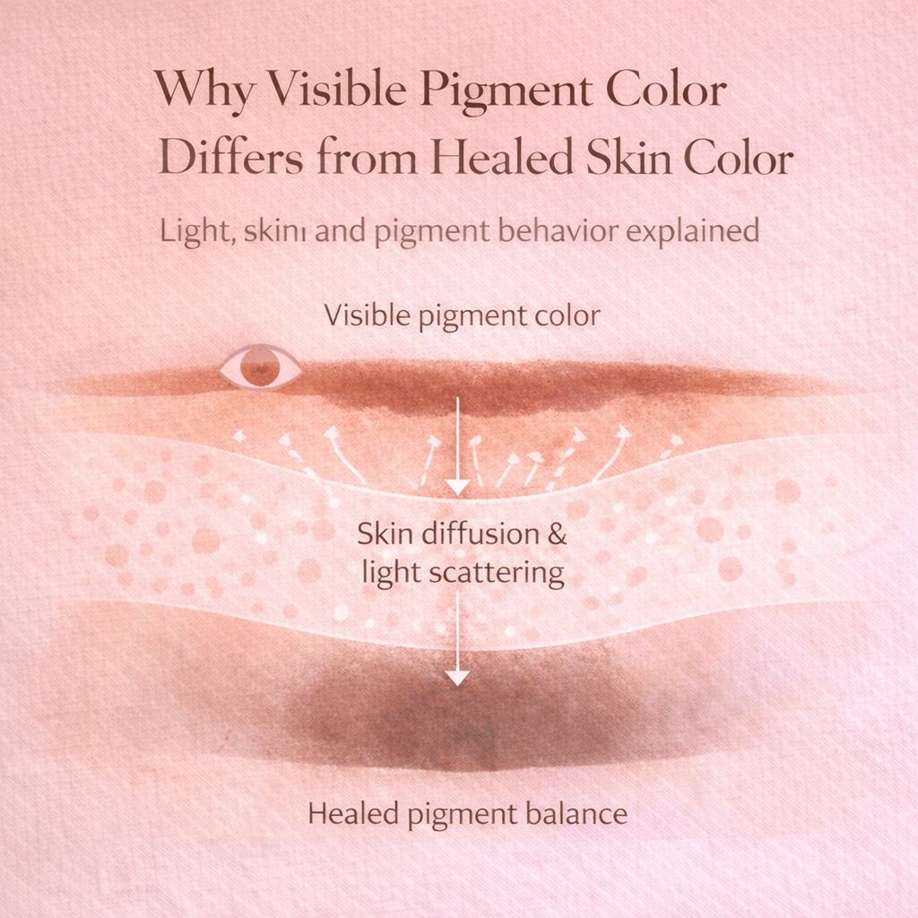 Infographic showing why visible pigment color differs from healed skin color, illustrating skin diffusion, light scattering, and healed pigment balance