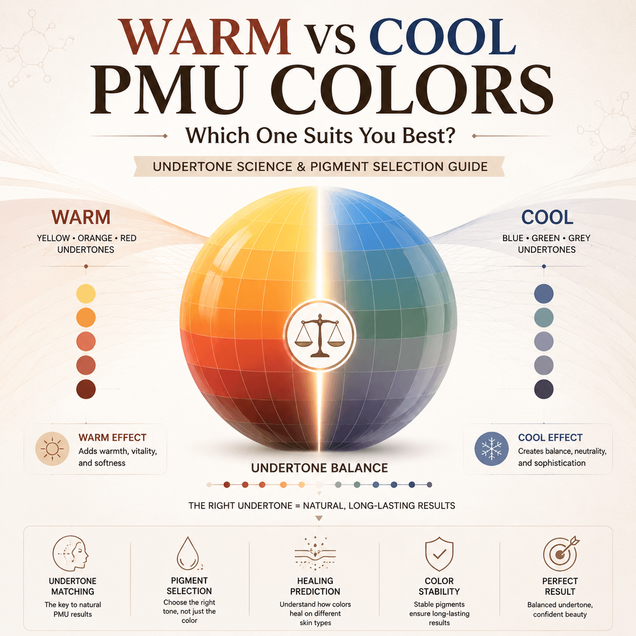 Color science infographic comparing warm and cool PMU pigments and how undertones affect healed results in permanent makeup.
