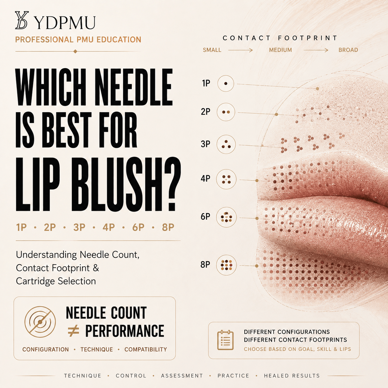 Professional lip blush needle guide showing 1P, 2P, 3P, 4P, 6P and 8P PMU cartridge configurations and contact footprints.
