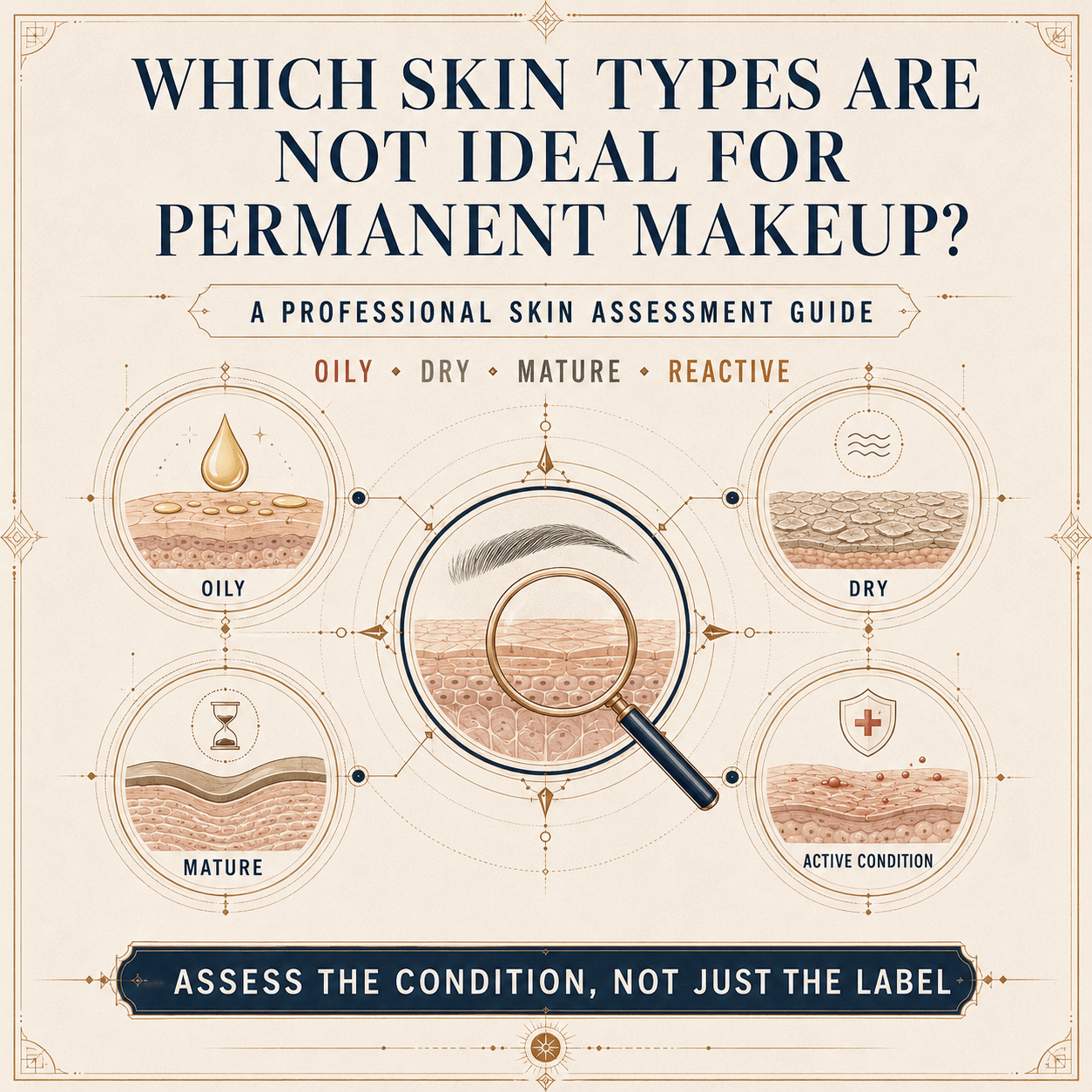 Educational PMU skin assessment guide comparing oily, dry, mature and reactive skin conditions