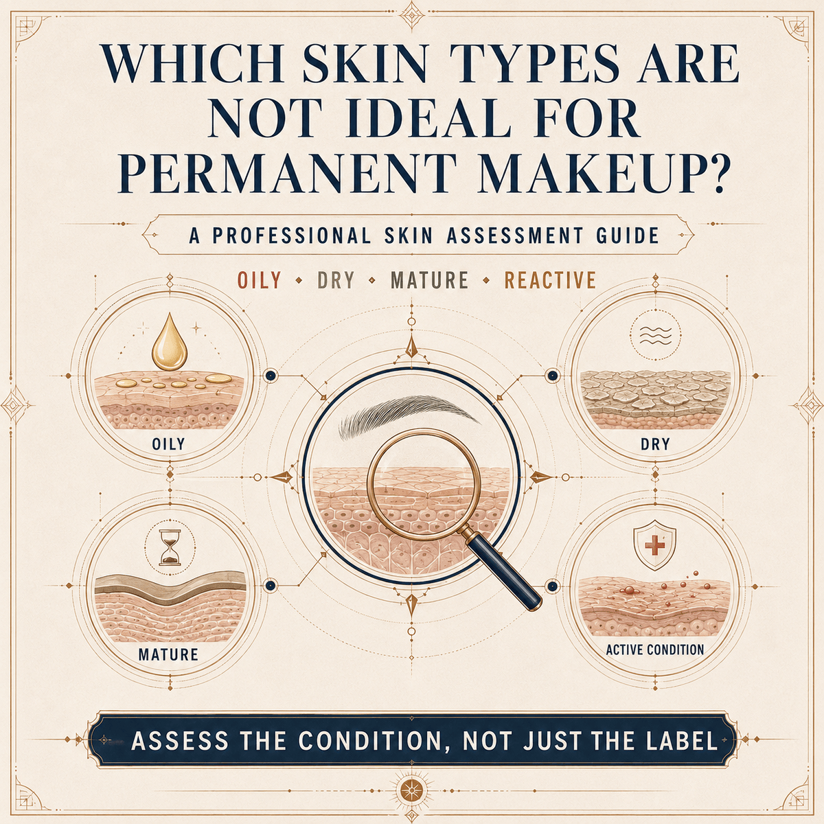 Educational PMU skin assessment guide comparing oily, dry, mature and reactive skin conditions
