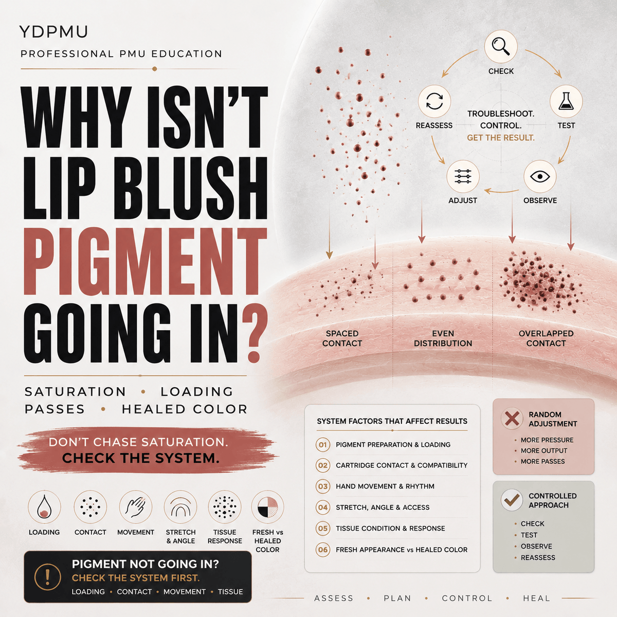 Educational cover illustrating lip blush pigment saturation, loading, contact, movement and healed color as part of a controlled permanent makeup working system.
