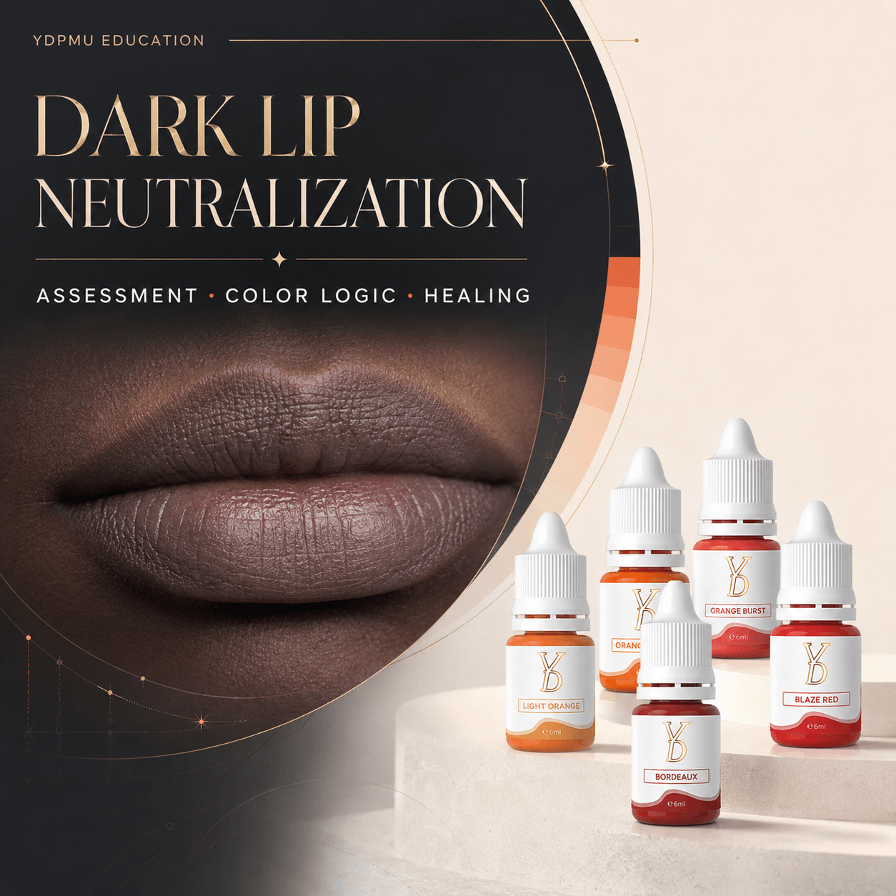 Dark lip neutralization professional guide with YDPMU NEO corrector pigments