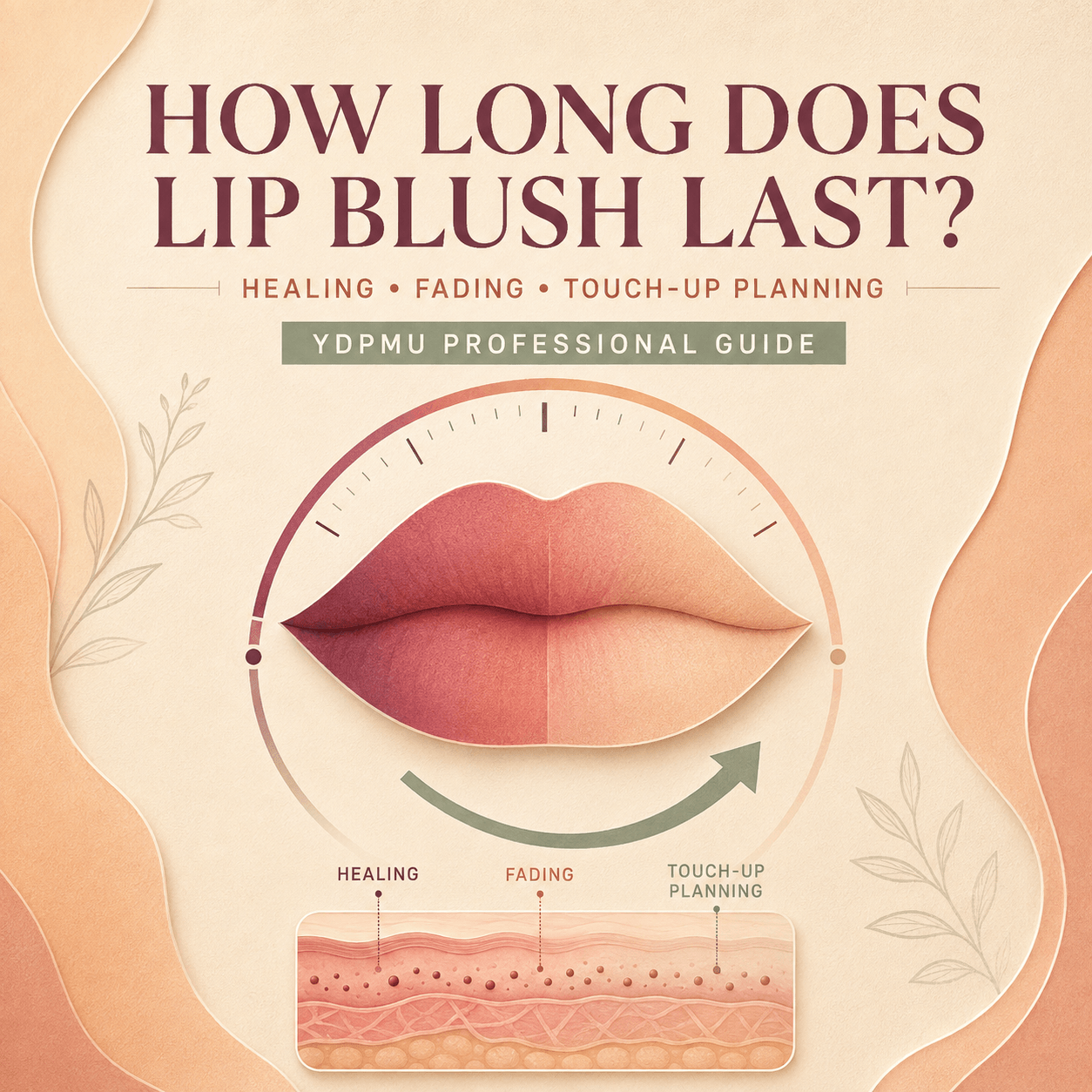 Lip blush healing, fading and touch-up planning guide explaining how long lip blush may remain visible