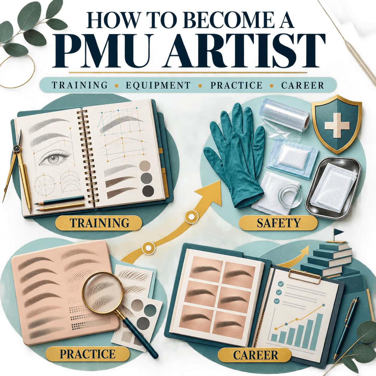 Educational roadmap for becoming a PMU artist through training, equipment knowledge, structured practice and career development