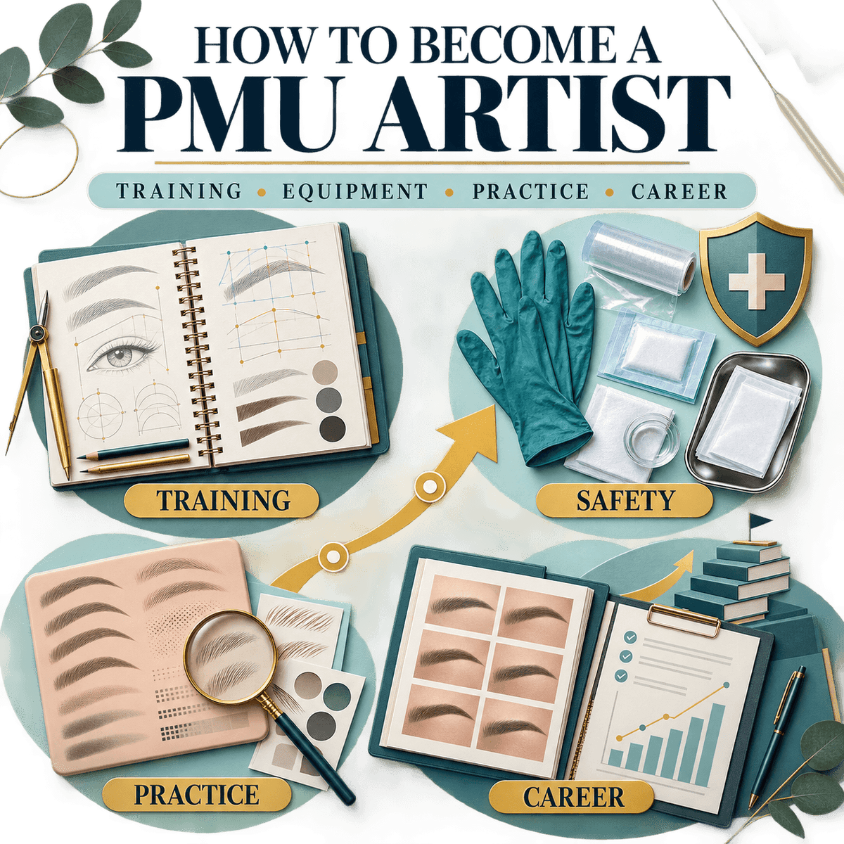 Educational roadmap for becoming a PMU artist through training, equipment knowledge, structured practice and career development