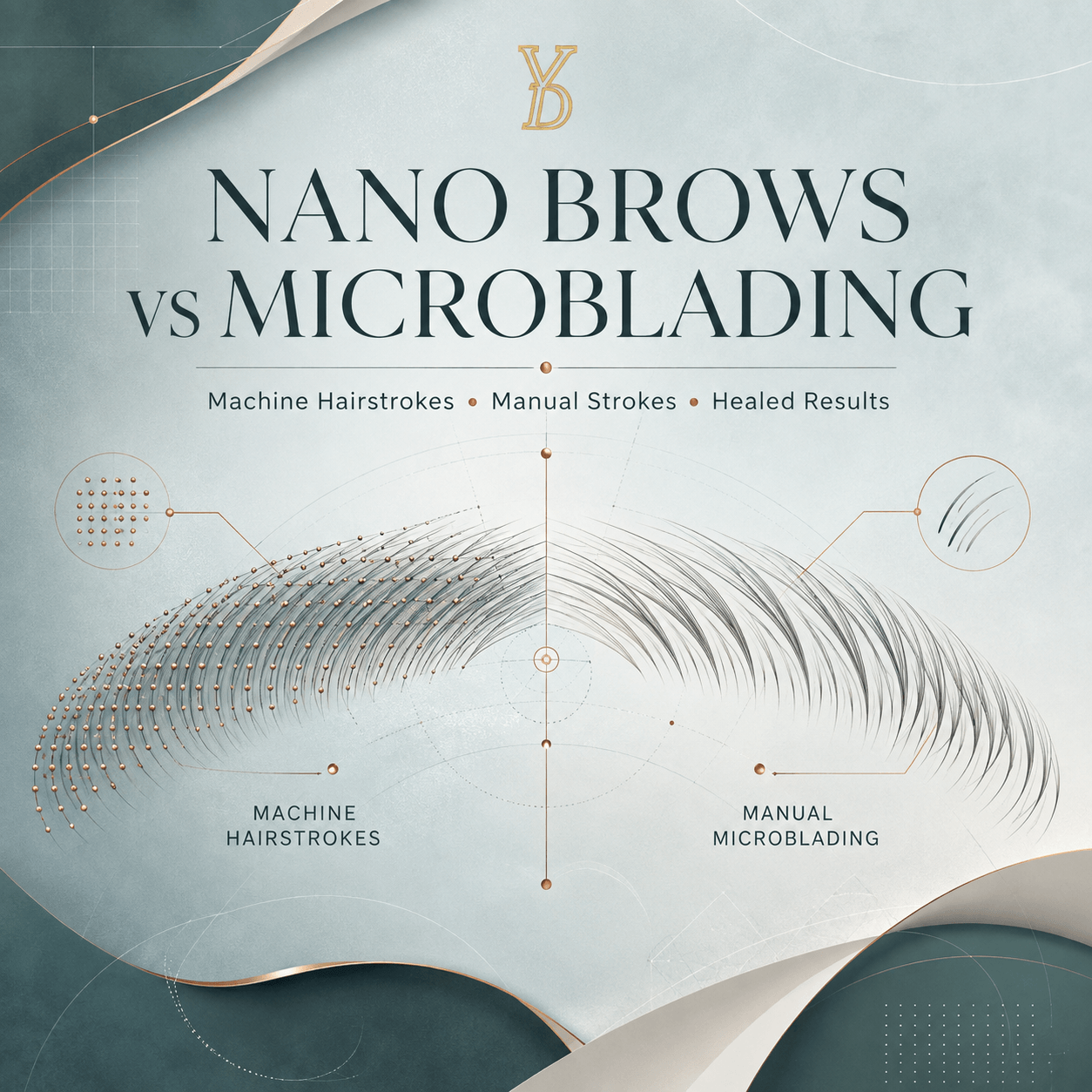 Educational comparison of nano machine hairstrokes and manual microblading techniques for permanent makeup brows by YDPMU.