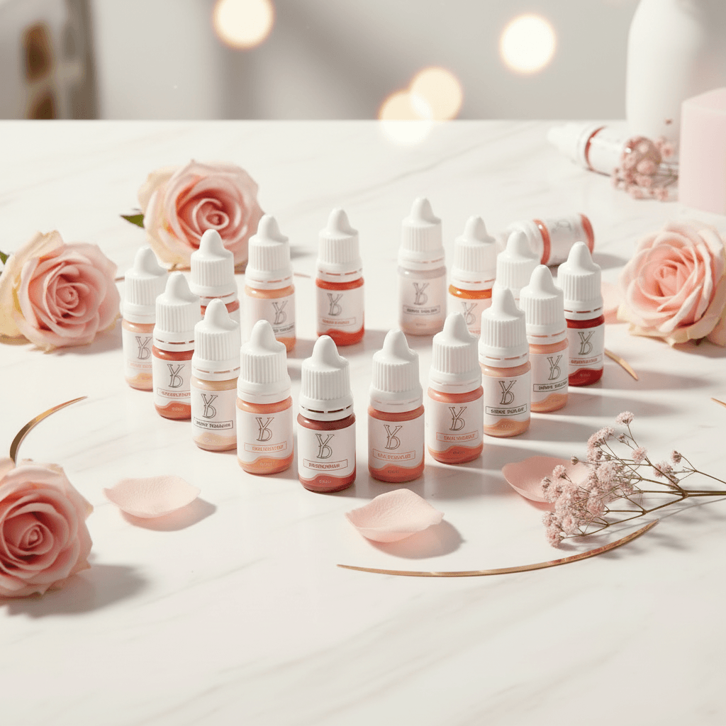 YDPMU NEO Organic Dark Lip Neutralize Set 10-color PMU pigment collection displayed on marble surface with floral styling