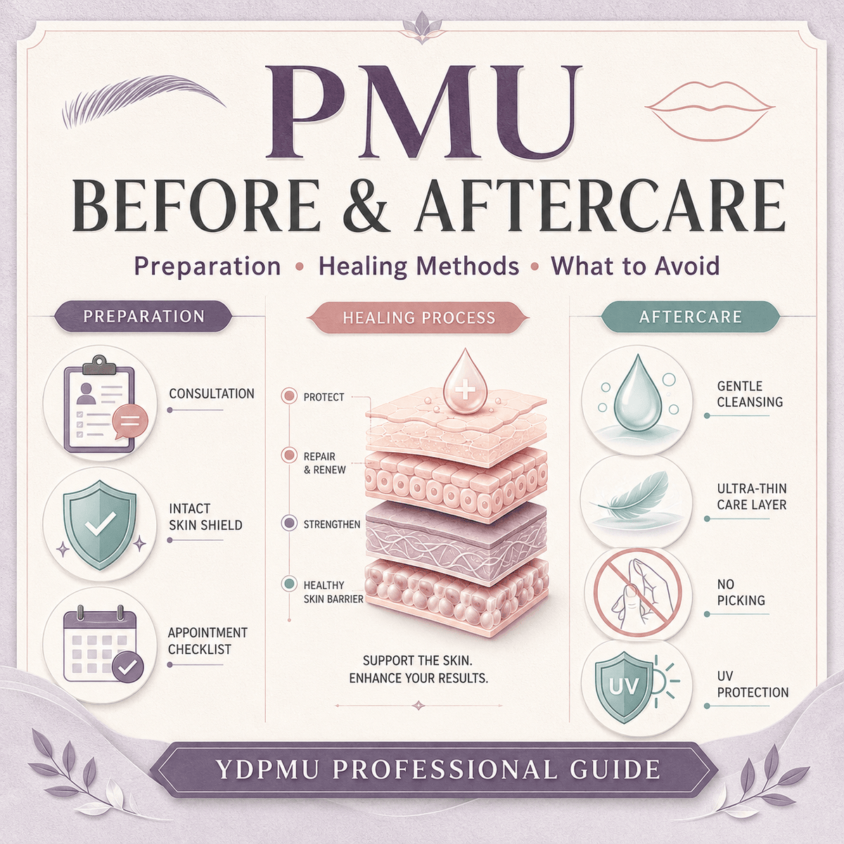PMU before and aftercare guide covering appointment preparation, healing methods and what to avoid after permanent makeup