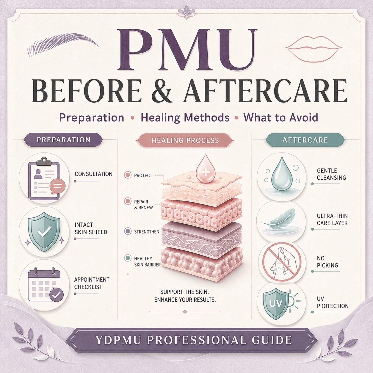 PMU before and aftercare guide covering appointment preparation, healing methods and what to avoid after permanent makeup