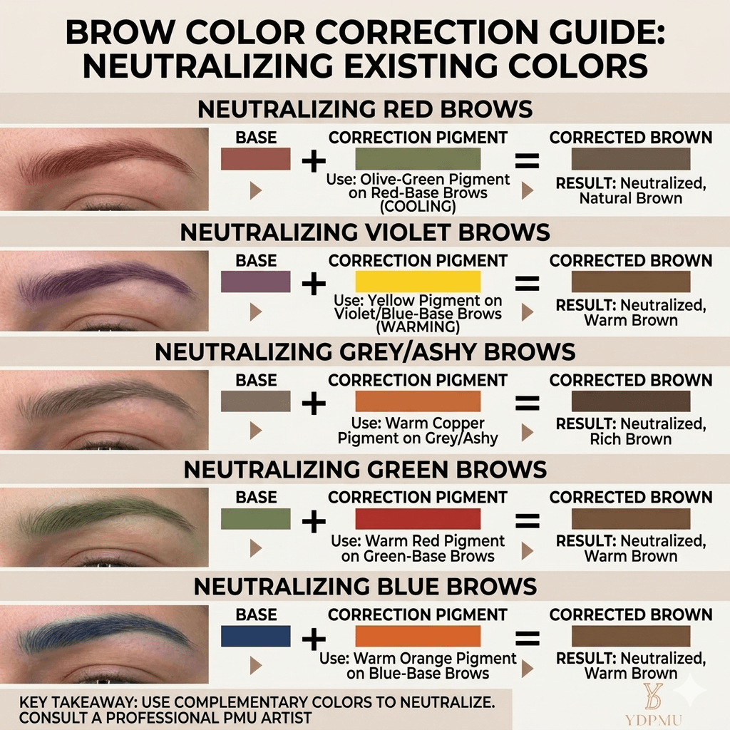 Brow color correction guide showing how to neutralize red, violet, grey, green, and blue permanent makeup brows using complementary pigments