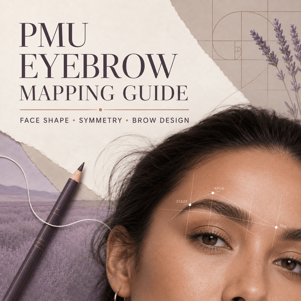 PMU eyebrow mapping guide showing professional brow design reference lines for start, arch and tail placement