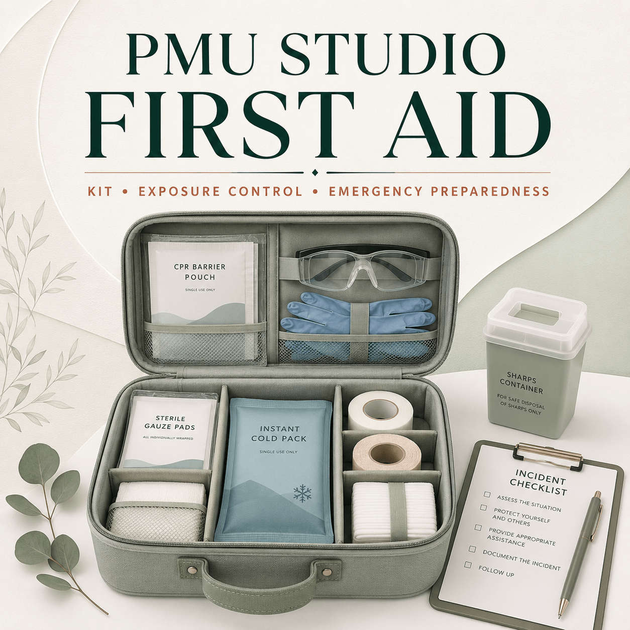 Organized PMU studio first aid kit with protective equipment, emergency supplies and incident checklist