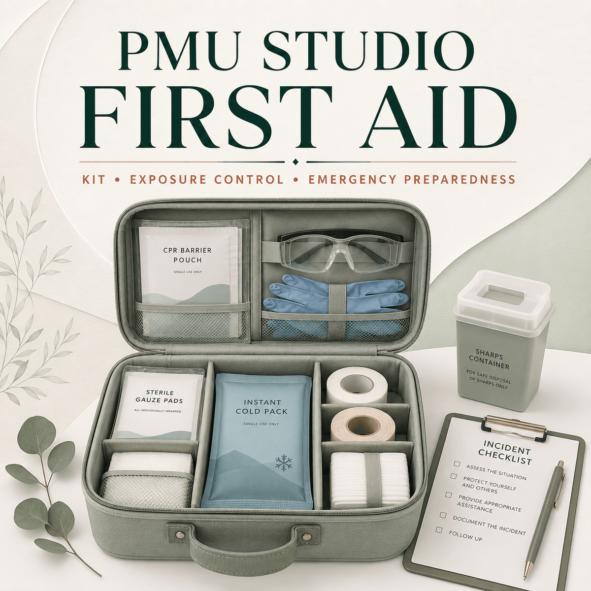 Organized PMU studio first aid kit with protective equipment, emergency supplies and incident checklist
