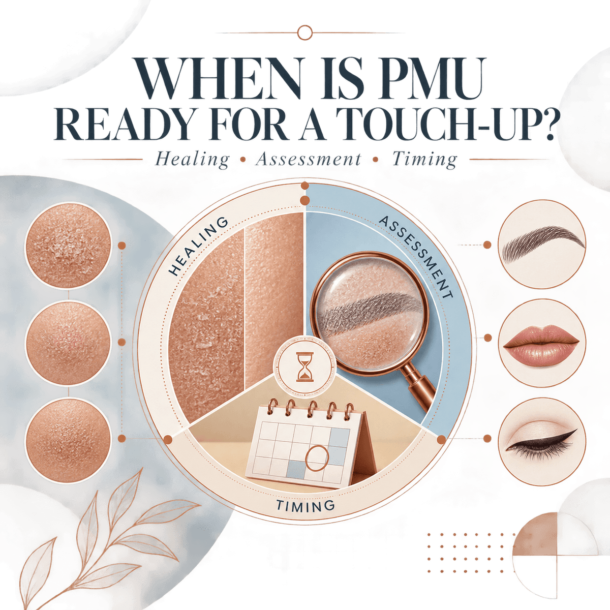 PMU touch-up timing guide showing healing, professional assessment and treatment planning