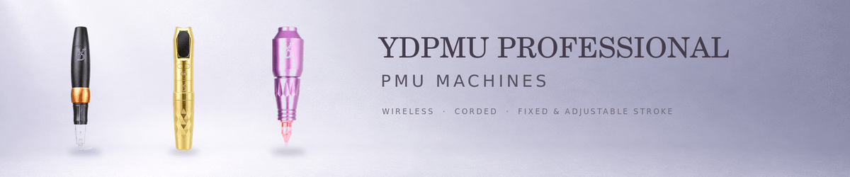 YDPMU professional wireless and corded PMU machines arranged in one row on a pearl lavender background