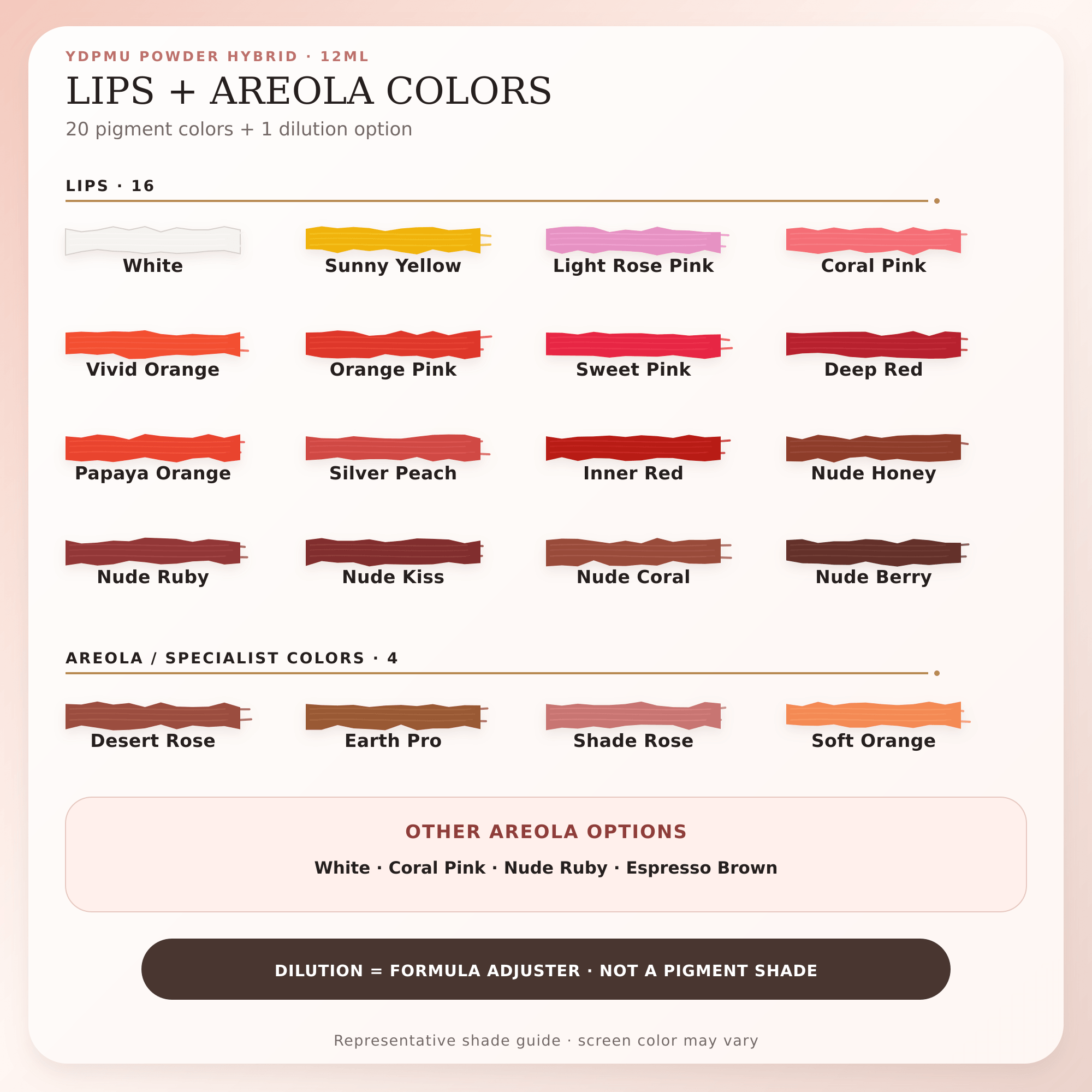 YDPMU Powder Hybrid lip areola and specialist pigment color guide with 20 colors and dilution option