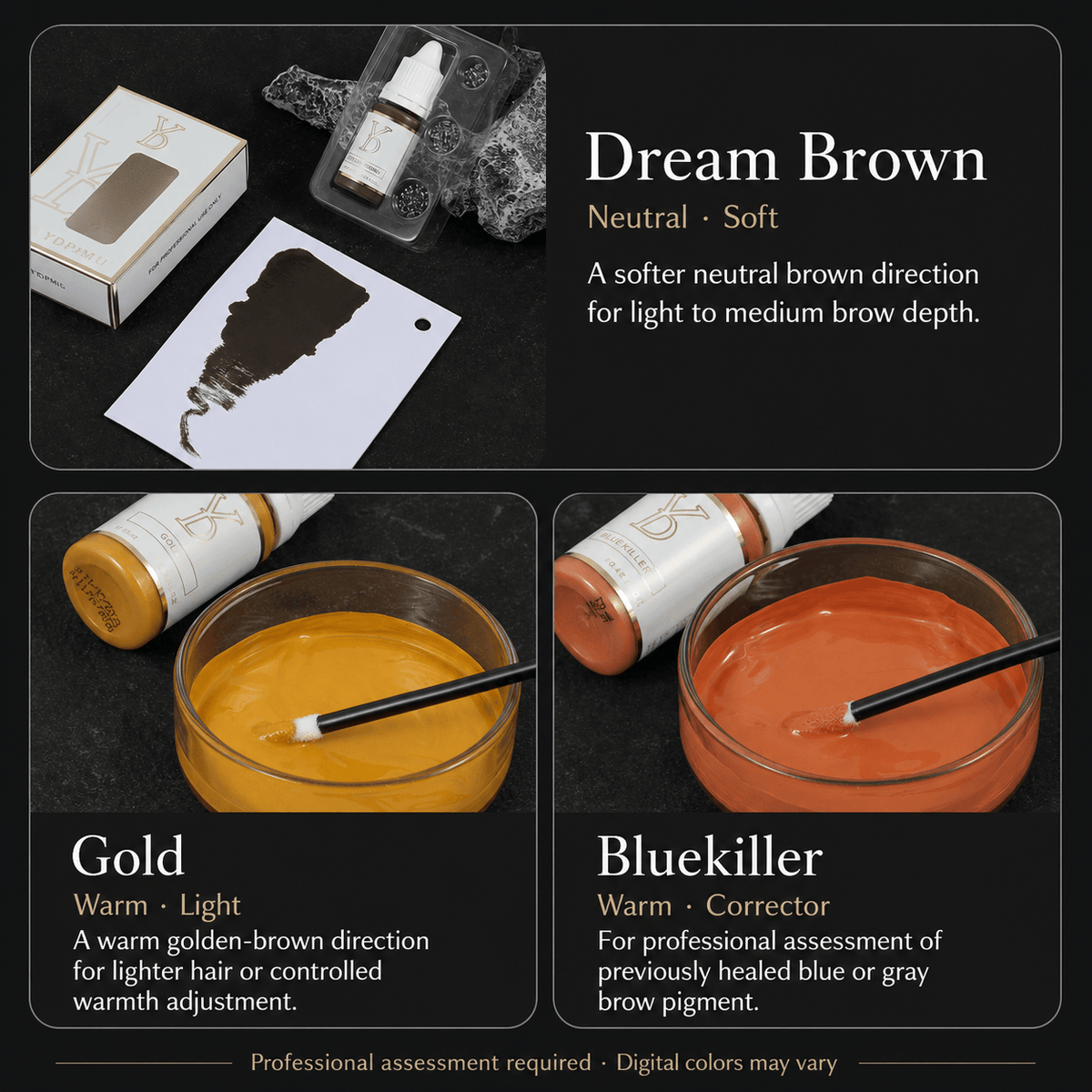 YDPMU INOCREAM Dream Brown, Gold and Bluekiller pigment textures with professional shade guidance