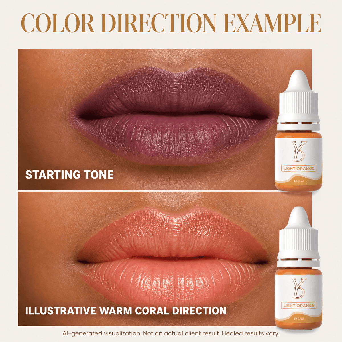 Illustrative warm coral lip color direction using YDPMU Light Orange pigment, not an actual client result