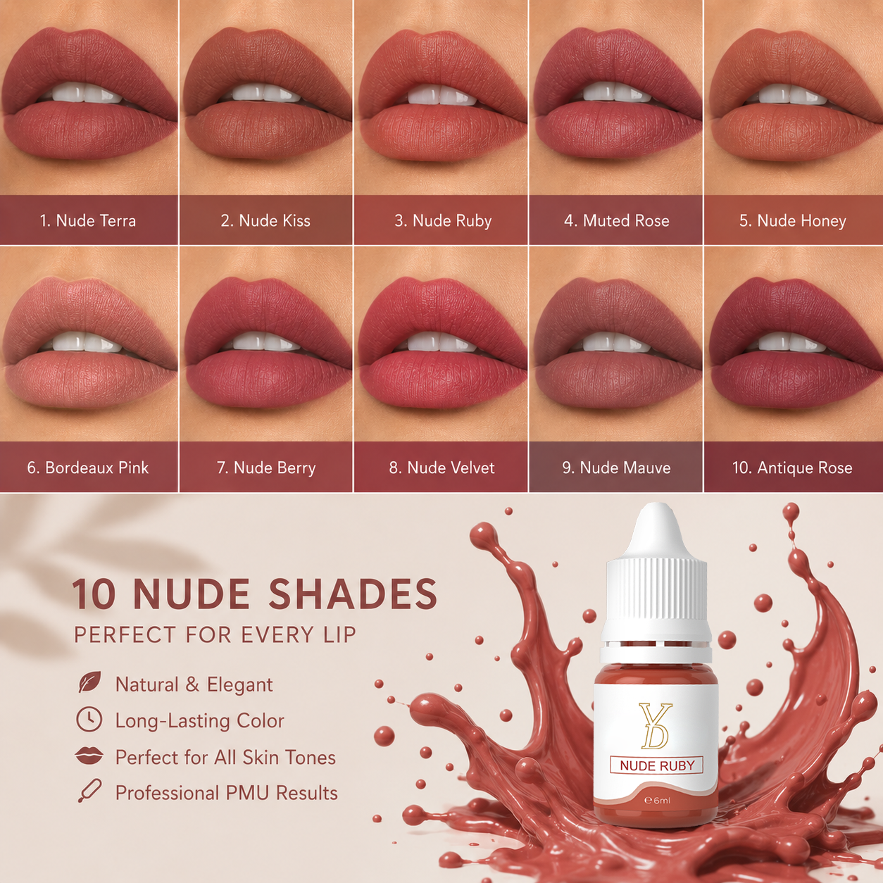 YDPMU Organic Nude Lips Pigment 6ml - 10 Nude Shades | Lip Blush & Ombre Lips PMU