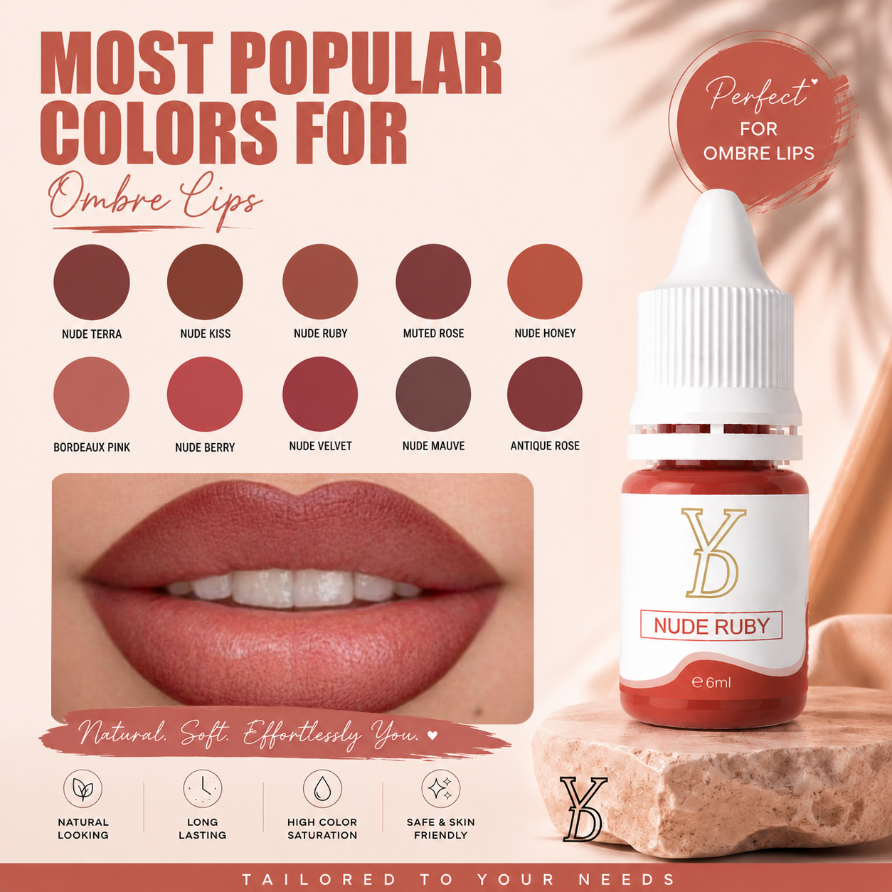 YDPMU Organic Nude Lips Pigment 6ml - 10 Nude Shades | Lip Blush & Ombre Lips PMU