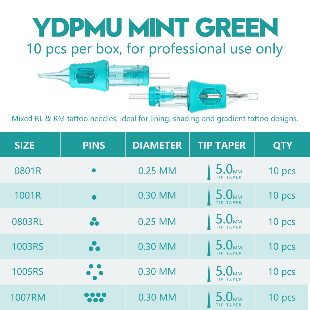 YDPMU Mint Green Universal Professional Cartridge Needles 10Pcs/Box