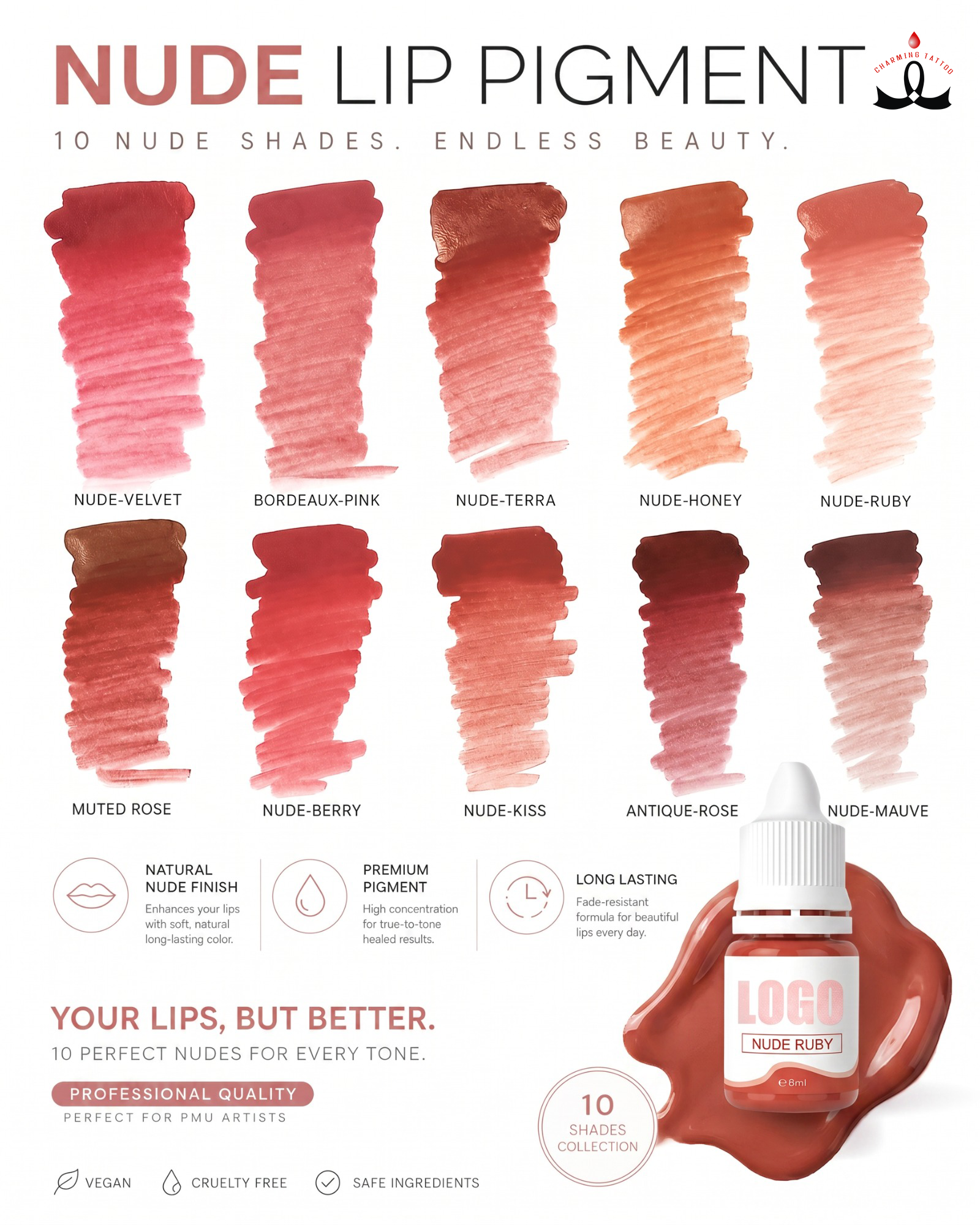 YDPMU Organic Nude Lips Pigment 6ml - 10 Nude Shades | Lip Blush & Ombre Lips PMU