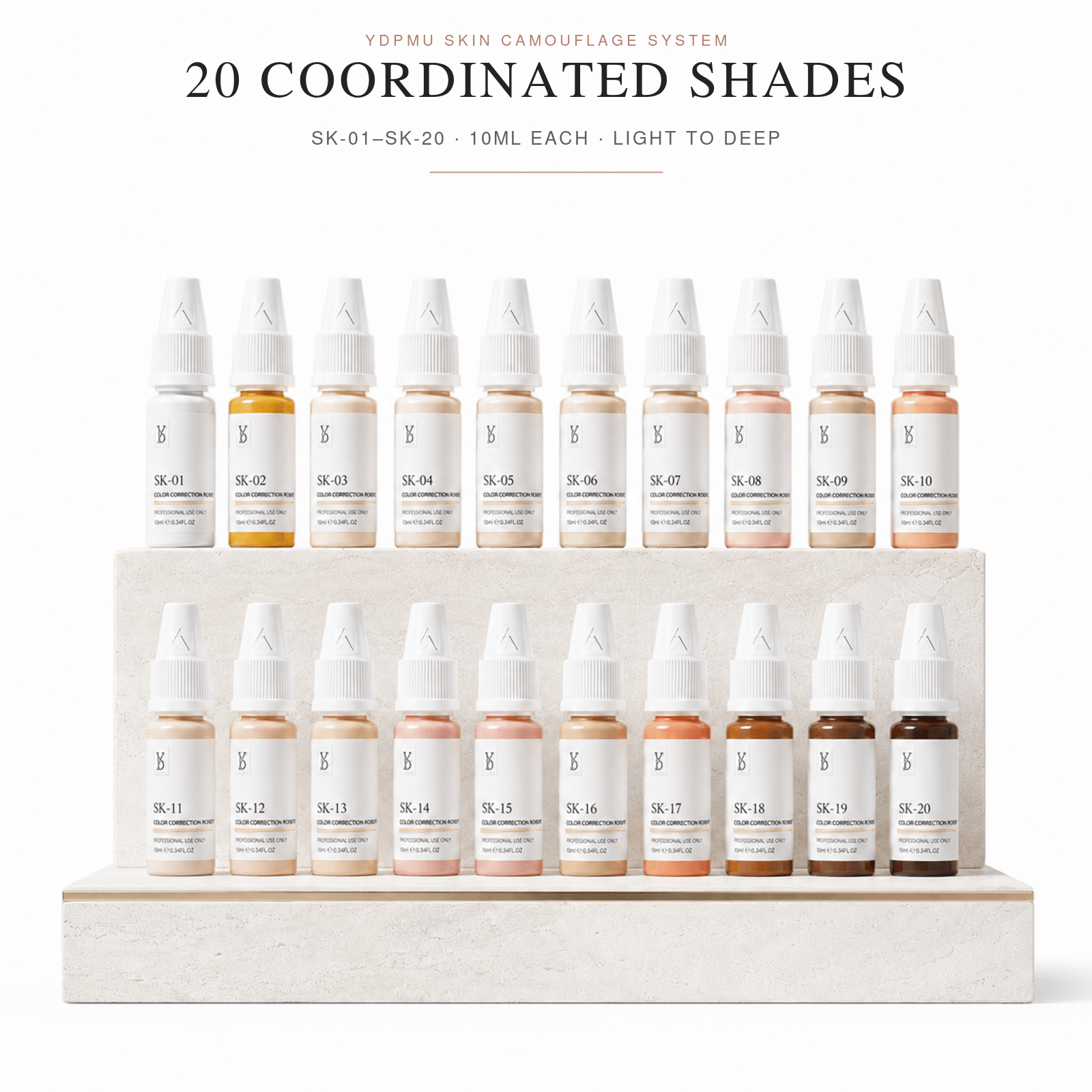 YDPMU SK-01 to SK-20 skin camouflage pigments displayed on a premium white two-tier stand