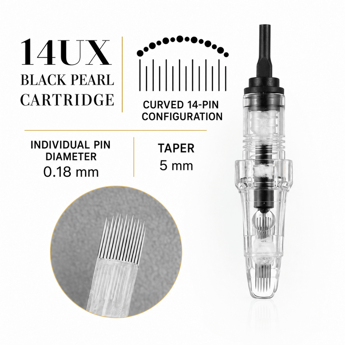 YDPMU Black Pearl 14UX cartridge with curved 14-pin configuration, 0.18 mm individual pin diameter and 5 mm taper