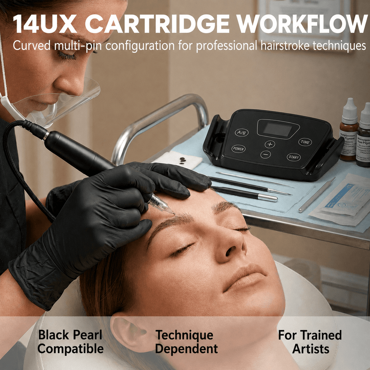 YDPMU Black Pearl 3.0 machine with 14UX cartridge during a professional hairstroke workflow