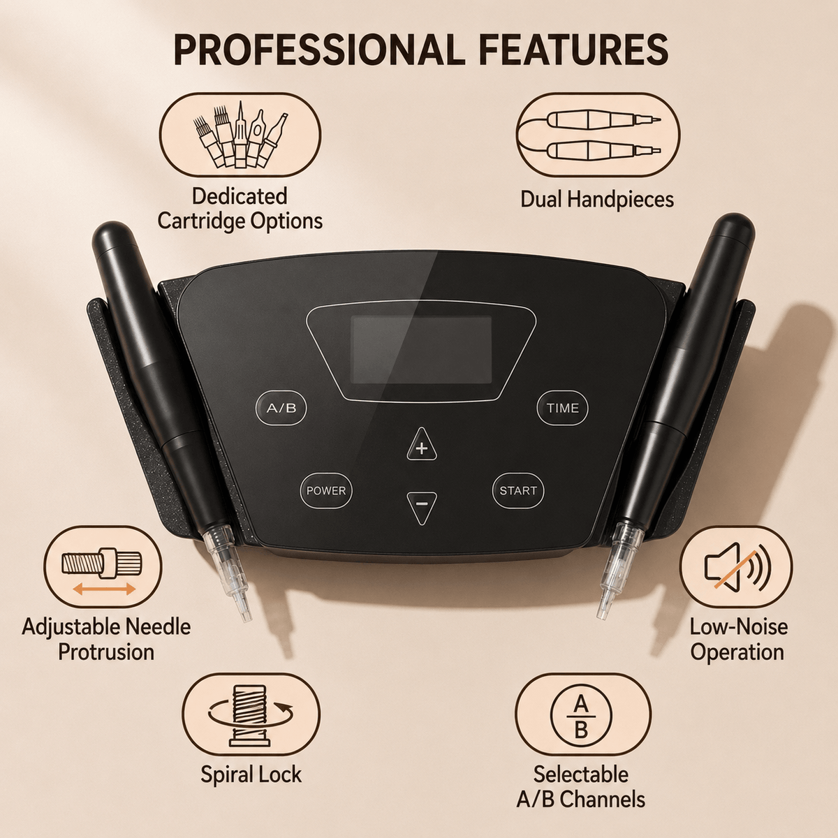 YDPMU Black Pearl 3.0 features including dual handpieces, adjustable needle protrusion and selectable A/B channels