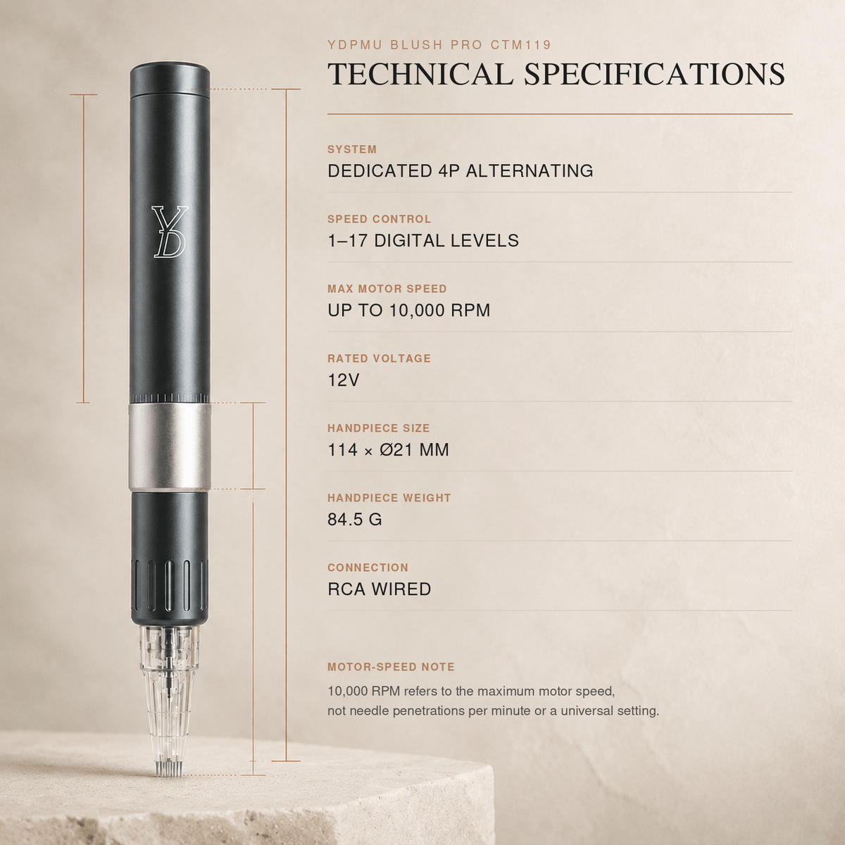 YDPMU Blush Pro CTM119 technical specifications including 4P system, 10000 RPM and 84.5g weight