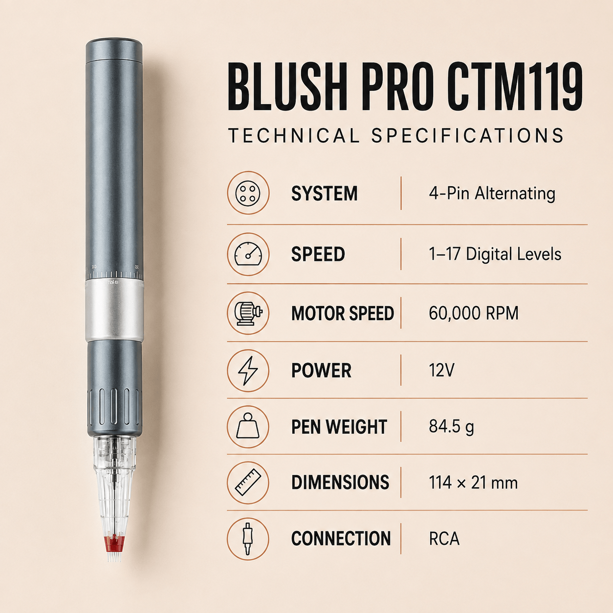 YDPMU Blush Pro CTM119 technical specifications including 4-pin system, 17 speeds and RCA connection